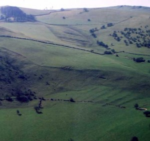 Lynchets seen across Manifold Valley in the morning sun